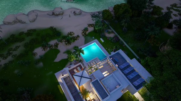 Rendering Impressive Contemporary Villa Solar Panels Garden Pool Beach Dusk — Stockfoto