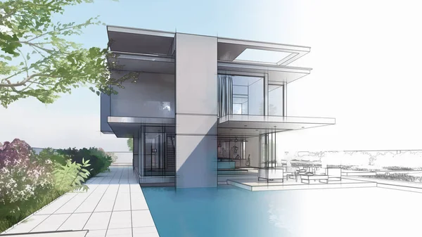 Rendering House Architecture Draft Luxury House — 스톡 사진