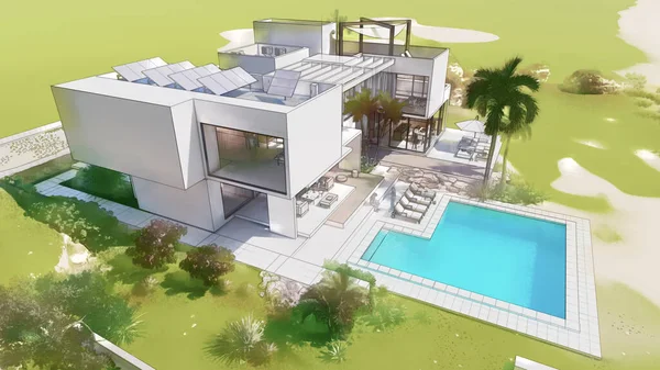 Rendering House Architecture Draft Luxury House — Foto de Stock