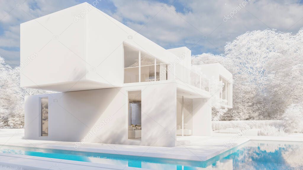 3D rendering of a big contemporary villa with impressive garden and pool  with a frozen effect