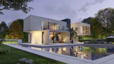 Etkileyici bahçesi ve havuzu olan büyük çağdaş bir villanın 3 boyutlu animasyonu