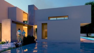 Alacakaranlıkta modern bir evin 3 boyutlu animasyonu