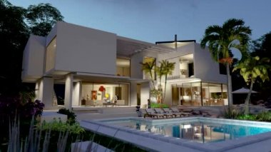 3D animation of an impressive modern villa with pool and garden at dusk