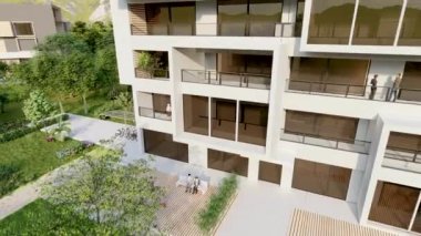 Güzel bir bölgedeki modern bir apartmanın 3 boyutlu animasyonu.