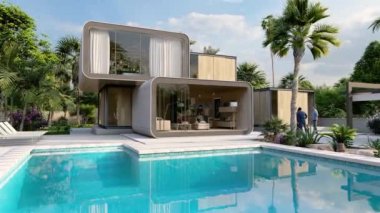 Havuzu ve bahçesi olan modern bir evin 3 boyutlu animasyonu 