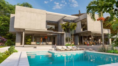 Bahçesi ve havuzu olan, çimentoyla kaplı, etkileyici, çağdaş bir villanın 3 boyutlu görüntüsü. 