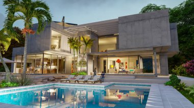 Alacakaranlıkta bahçeli ve havuzlu, 3 boyutlu, çağdaş bir villa.