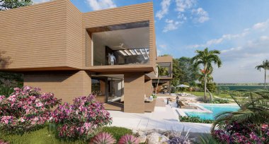 3 boyutlu, ahşap ve betondan yapılmış, sahilin yanında etkileyici bir bahçe ve havuz.