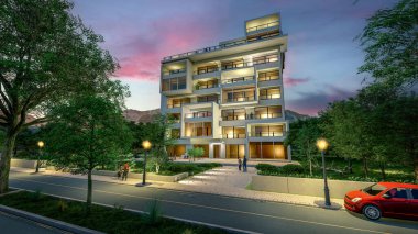 Alacakaranlıkta modern lüks bir konut binasının 3 boyutlu tasarımı