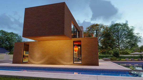 Rendering Big Contemporary Villa Dark Wood Impressive Garden Pool Evening — 스톡 사진