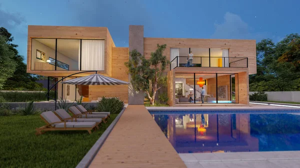 Rendering Big Contemporary Villa Light Wood Impressive Garden Pool Evening — Fotografia de Stock