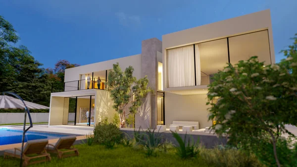 Rendering Big Contemporary White Villa Impressive Garden Pool Evening — Photo