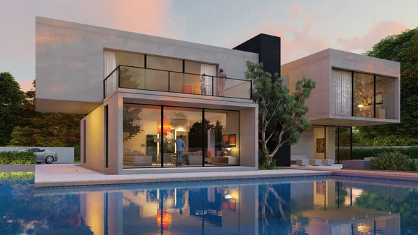 Etkileyici bir bahçesi ve havuzu olan büyük, çağdaş bir villanın 3 boyutlu görüntüsü.