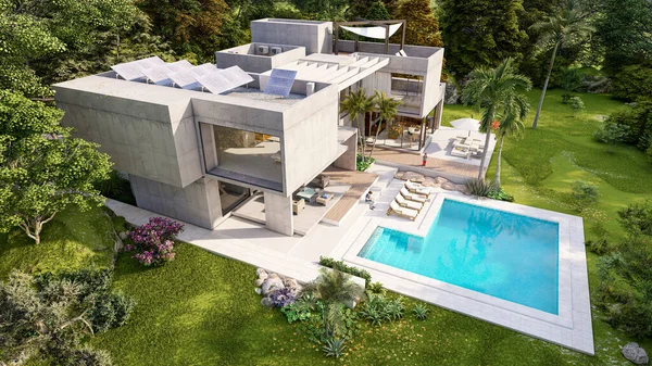 Güneş panelleri ve hava manzaralı, etkileyici, modern bir villanın 3 boyutlu görüntüsü