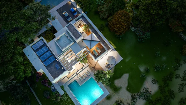 Rendering Impressive Contemporary Villa Solar Panels Garden Pool Dusk — Zdjęcie stockowe