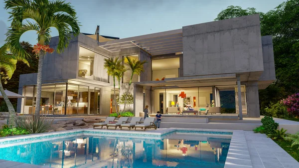 Alacakaranlıkta bahçeli ve havuzlu, 3 boyutlu, çağdaş bir villa.