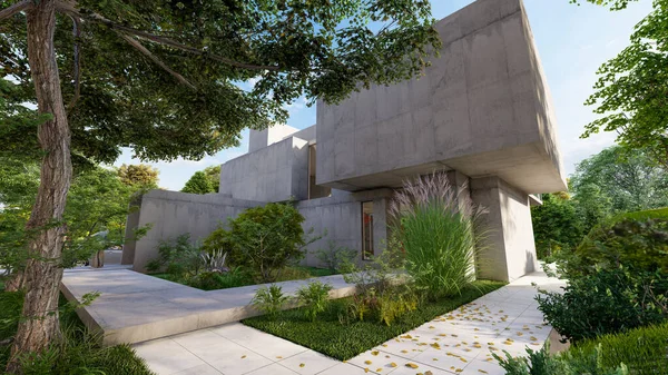 Rendering Impressive Contemporary Villa Lush Garden — 스톡 사진