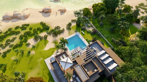 Rendering Sustainable Villa Wood Concrete Impressive Garden Pool Beach — Zdjęcie stockowe