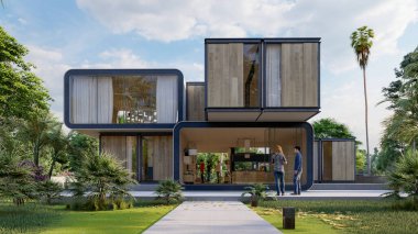 Havuzu ve bahçesi olan modern bir evin 3 boyutlu görüntüsü.