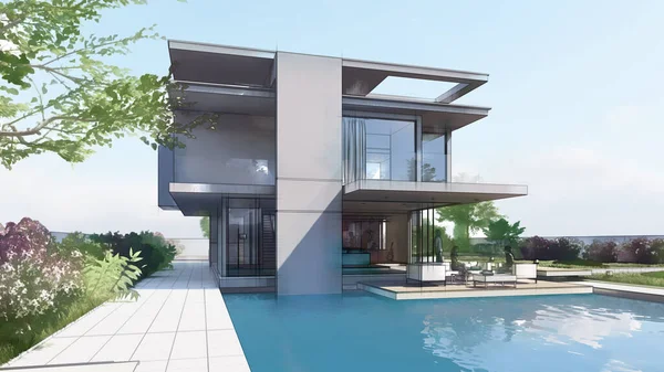 Rendering House Architecture Draft Luxury House — Foto de Stock