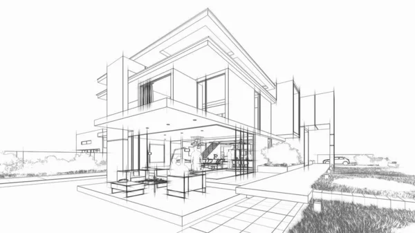 Rendering House Architecture Draft Luxury House — Fotografia de Stock