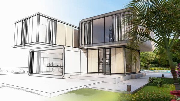 3D rendering of a house, architecture draft of a luxury house with garden and pool