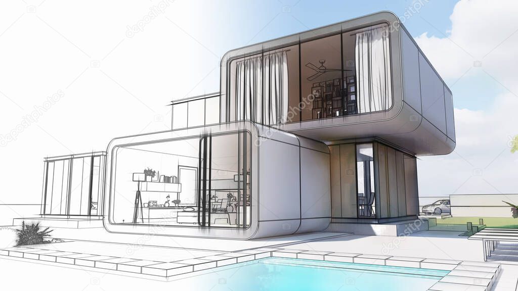 3D rendering of a house, architecture draft of a luxury house with garden and pool