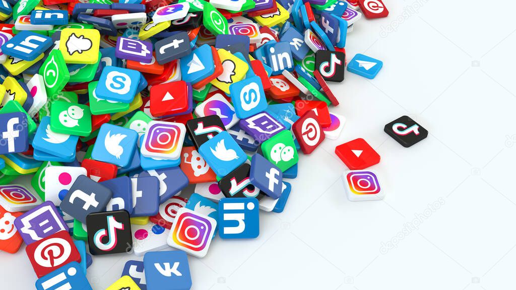 3D rendering of a pile of tokens with social media icons and a lot of copy space