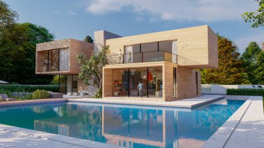 Etkileyici bir bahçesi ve havuzu olan açık ahşap bir konağın 3 boyutlu görüntüsü.