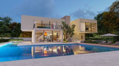 Akşamları etkileyici bahçesi ve havuzu olan büyük, çağdaş beyaz bir villanın 3 boyutlu görüntüsü.