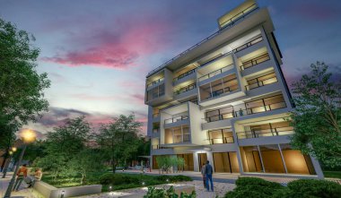 Alacakaranlıkta modern lüks bir konut binasının 3 boyutlu tasarımı