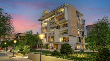 Alacakaranlıkta modern lüks bir konut binasının 3 boyutlu tasarımı