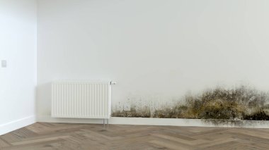 Küf hasarı ve bir sürü kopya alanı olan bir apartman duvarının 3 boyutlu görüntülenmesi