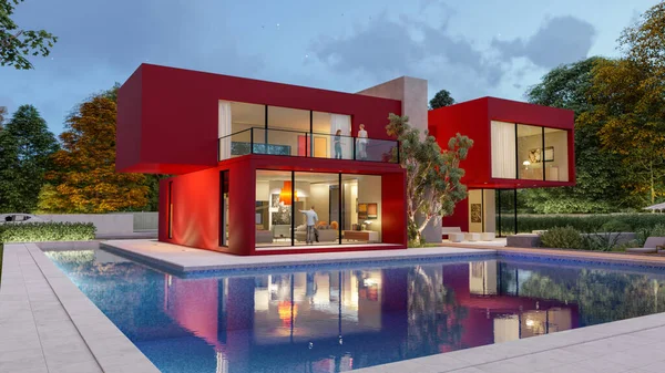 Rendering Big Contemporary Red Villa Impressive Garden Pool Evening — Stock Photo, Image