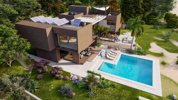 Üç boyutlu sürdürülebilir bir villanın ahşap ve betondan yapılmış etkileyici bir bahçe ve havuzu var. 