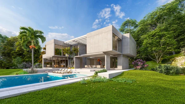 Bahçesi Havuzu Olan Çimentoyla Kaplı Etkileyici Çağdaş Bir Villanın Boyutlu — Stok fotoğraf