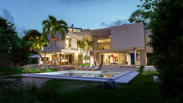 Återgivning Imponerande Modern Villa Med Trädgård Och Pool Skymningen — Stockfoto