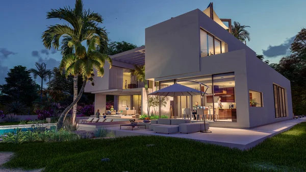 Alacakaranlıkta bahçeli ve havuzlu, 3 boyutlu, çağdaş bir villa.