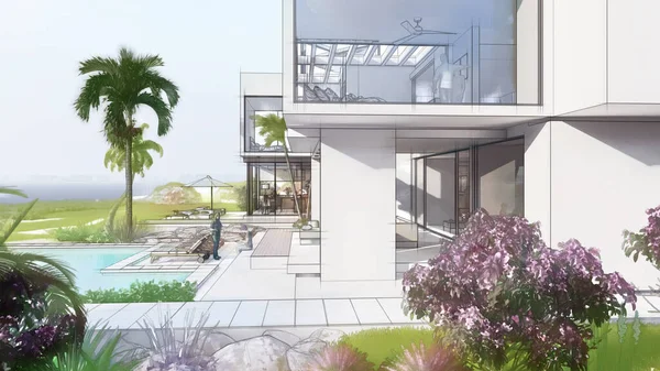 Üç boyutlu bir ev, lüks bir evin mimari taslağı.