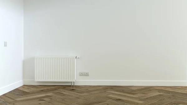 Weergave Van Een Lege Ruimte Met Parketvloer Witte Wand Radiator — Stockfoto