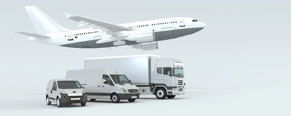 Weergave Van Een Bestelwagen Vrachtwagens Een Vliegtuig Tegen Een Witte — Stockfoto
