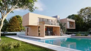 Etkileyici bahçesi ve havuzu olan büyük ahşap çağdaş bir villanın 3 boyutlu animasyonu