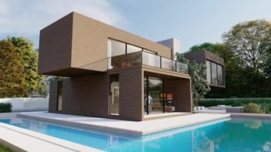 Etkileyici bahçesi ve havuzu olan büyük ahşap çağdaş bir villanın 3 boyutlu animasyonu