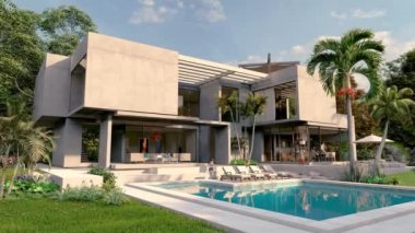 Bahçesi ve havuzu olan etkileyici çağdaş bir villanın 3 boyutlu animasyonu