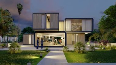 Günbatımında havuzu ve bahçesi olan modern lüks modüler bir evin 3 boyutlu animasyonu