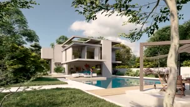 Animation Impressive Contemporary Villa Garden Pool — Stock Video