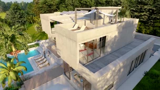 豪華な近代的な邸宅の3Dアニメーション 上から見た太陽光発電 — ストック動画