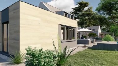 Geleneksel tarzda bahçe ve yüzme havuzlu bir aile evinin 3 boyutlu animasyonu