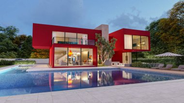 Akşamları büyük, çağdaş, bahçeli ve havuzlu kırmızı bir villanın 3 boyutlu görüntüsü.