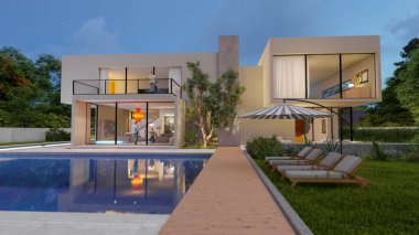 3D rendering of a big contemporary white villa with impressive garden and pool in the evening